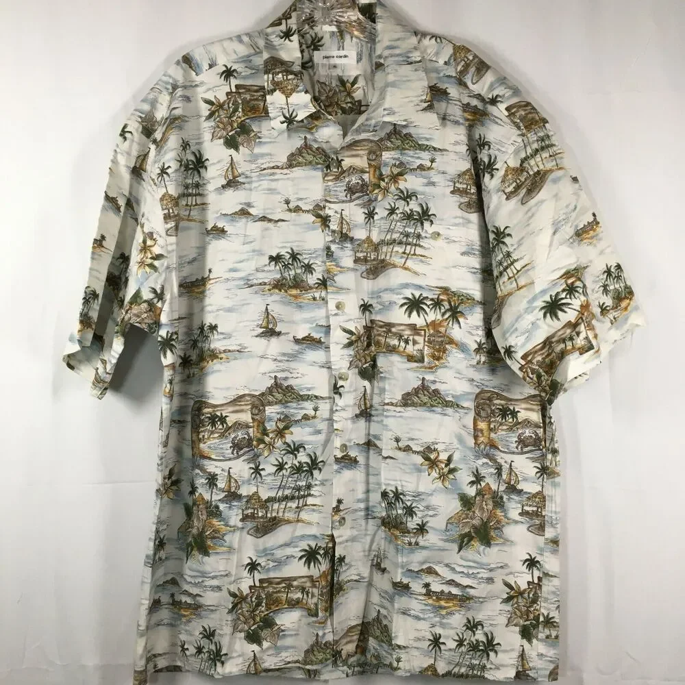 Pierre Cardin Shirt Mens Sz XL Beige Tropical Cotton Short Sleeve Button Up - Picture 1 of 9